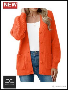 Women's Chunky Knit Cardigan Sweater Long Sleeve V-Neck Button Down with Pockets